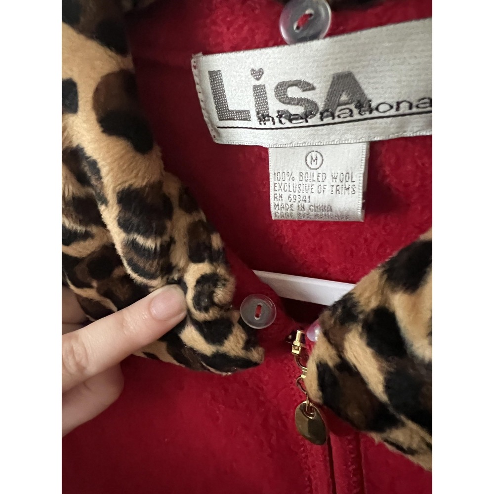 Lisa International Vest Womens Medium Red Wool Faux Fur Leopard Collar Zip - Picture 4 of 13